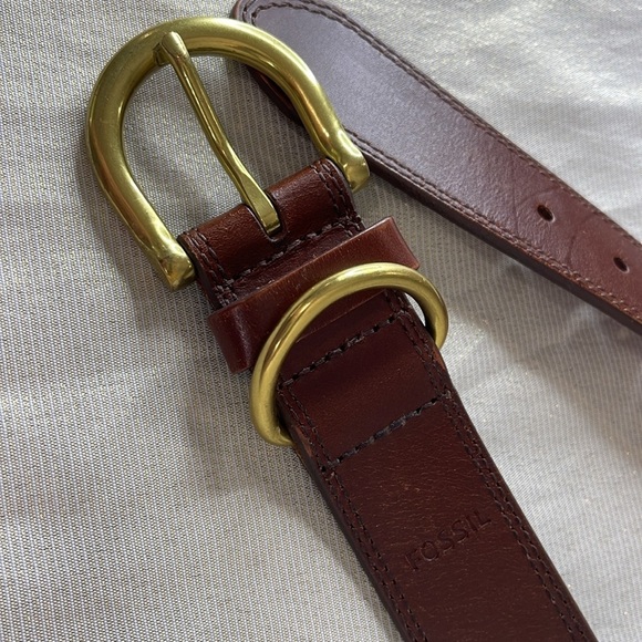 Fossil Mens Cognac Brown Genuine Leather Belt Brass Buckle M - Picture 3 of 11